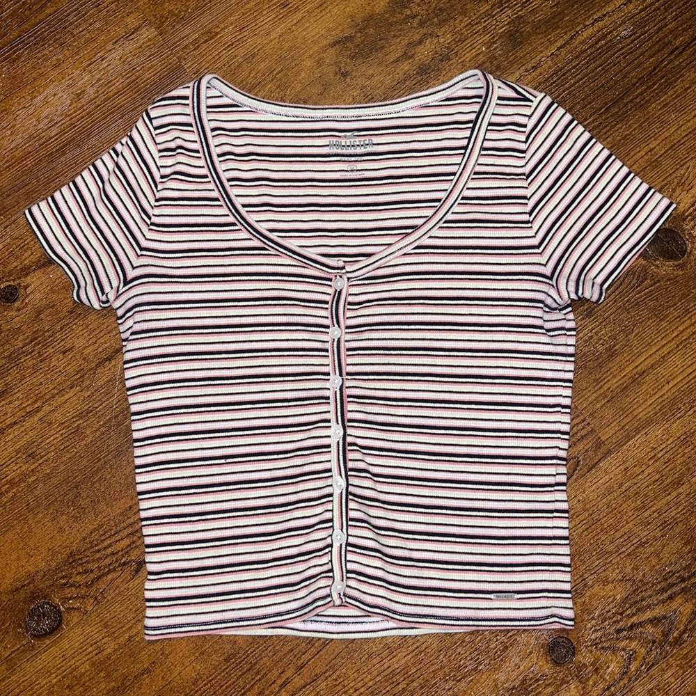Hollister White Stripe Pink Black Cropped Button Front Ribbed Baby Tee Size M